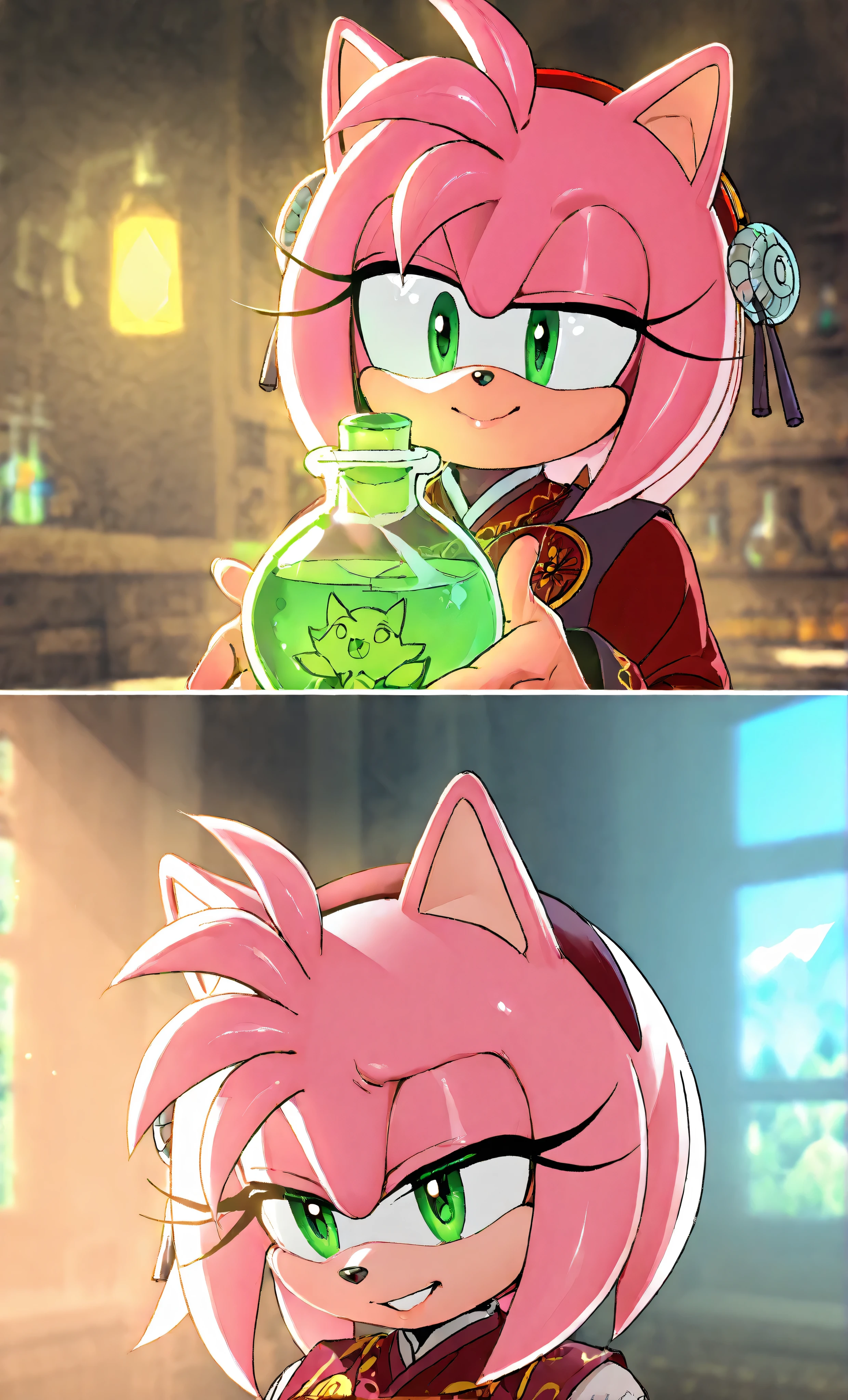 Amy rose with a sporty outfit drinks a glowing green potion from a beaker inside a whimsical forest lab, dynamic lighting, detailed background, playful expression, high detail, anime shading <lora:AnthroGirl:1> <lora:cartoon-animal:0.9> <lora:bodyTransformation:0.6> style: comic panel