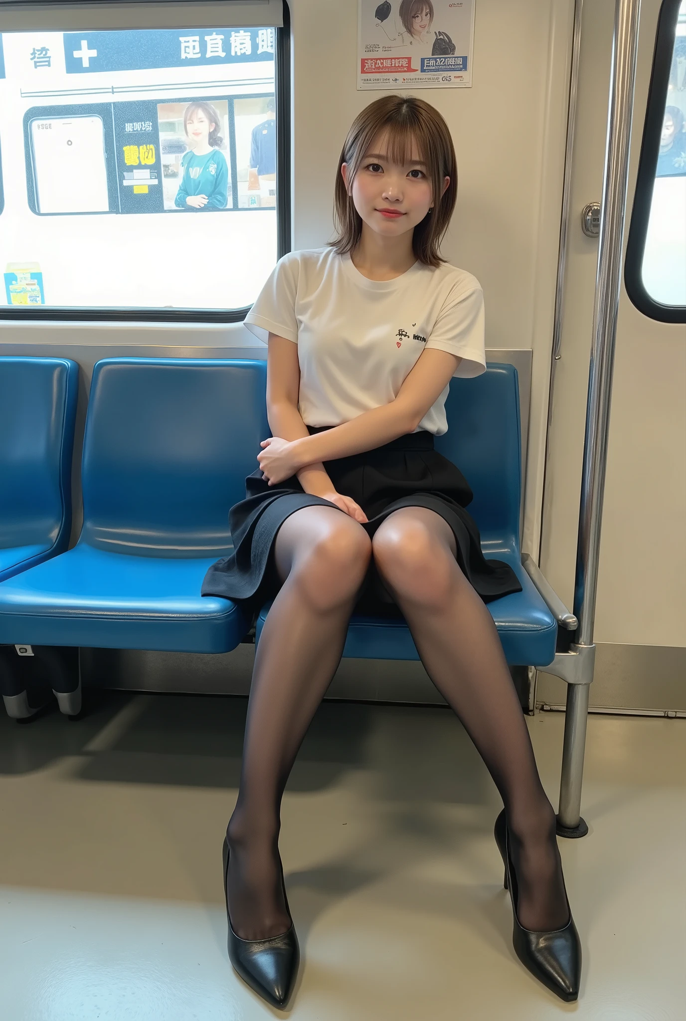 (masterpiece, Highest quality, 8k, RAW Photos, beautifully、aesthetic:1.2), Intricate details, indirect lighting, Realistic,
whole body, Sitting on a chair on the train、Staring at the viewers、Voyeur、
Square neck button-down linen sundress, (Ultra-realistic pantyhose)、
Training women , Chair to sit under skirt,Ultra mini skirt、Gaze,カウボーイショット, ミディアムボムヘア、