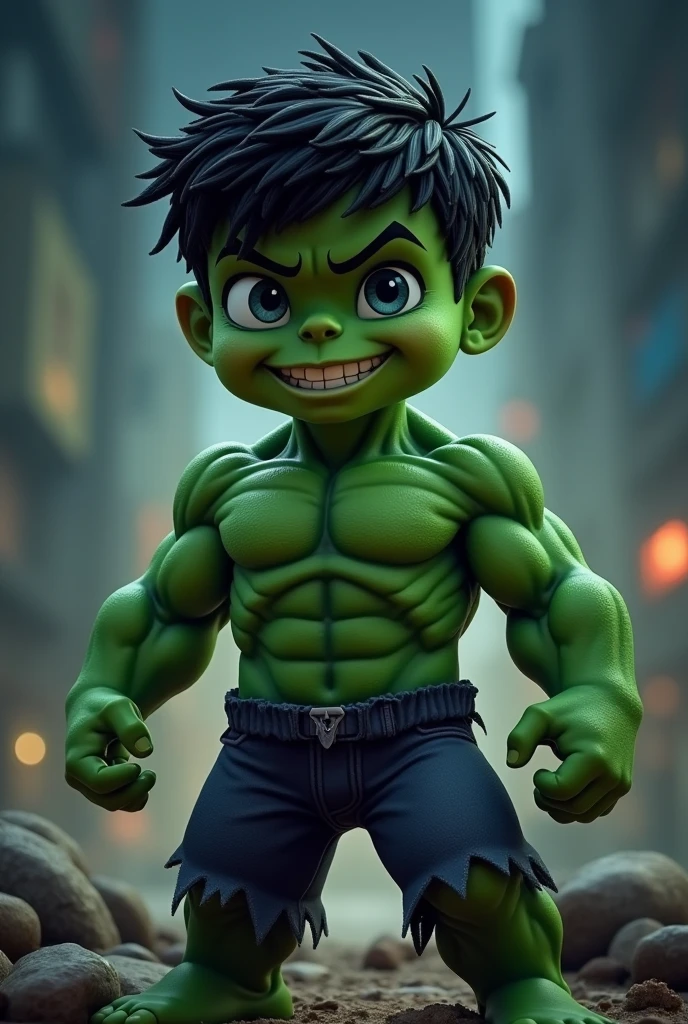 White toddler, 3-year-old, short-haired, wearing hulk costume, having fun, magic smoke, light effect.