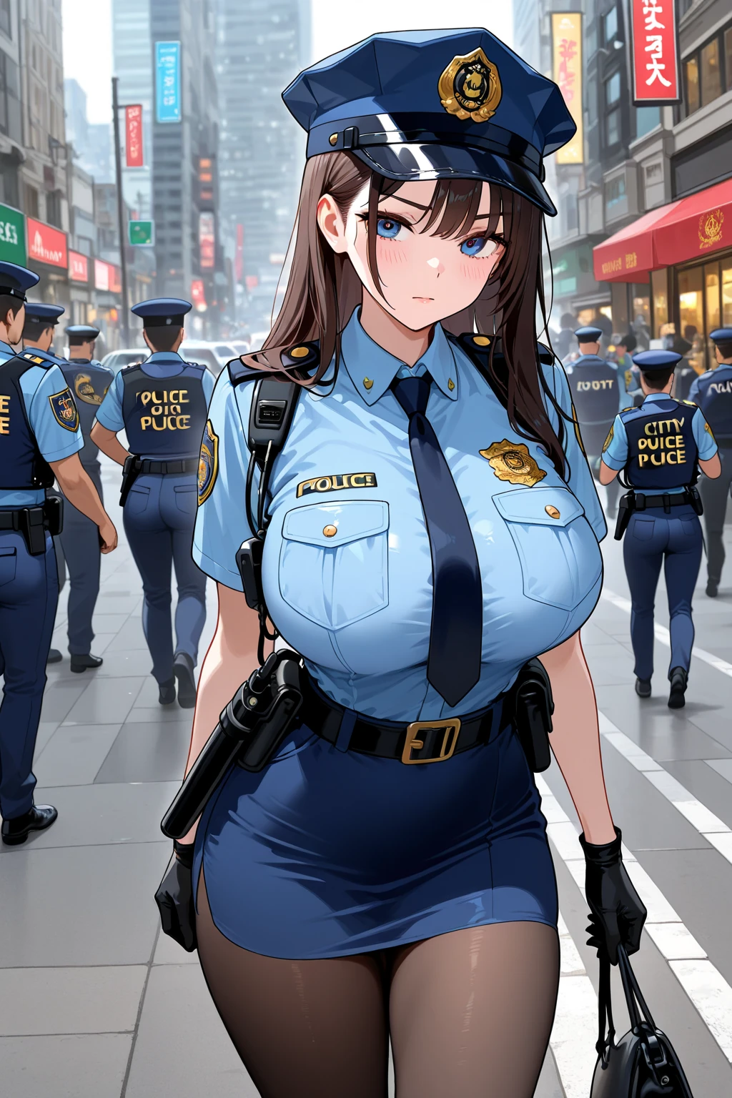 NSFW,masterpiece,Highest quality,High resolution,Very detailed,Timid Girl,Young face,mole,Short height,Big Breasts,Police Officer,policewoman,hat,mini skirt,Pencil Skirt,pantyhose,Heel,Tour,patrol