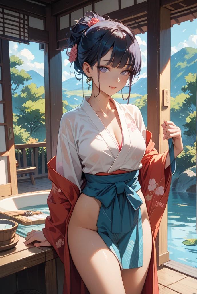 1girl, breasts, moon, lantern, night, solo, large breasts, hair ornament, wet, kimono, japanese clothes, wading, water, hair flower, flower, outdoors, sky, full moon, rain, black hair, off shoulder, mountain, cloud, holding, sash, bare shoulders, paper lantern, standing, white kimono, night sky, sideboob, obi, wet clothes, bangs, tree, from side, reflection, short hair, cloudy sky, wet hair (((masterpiece),(extremely detailed CG unity 8k wallpaper),best quality,,solo,1girl,cinematic lighting,detailed background,beautiful detailed eyes,bright pupils, (an extremely delicate and beautiful),(Beautiful and detailed eye description), ultra-detailed,masterpiece,)) (NSFW 1.3)