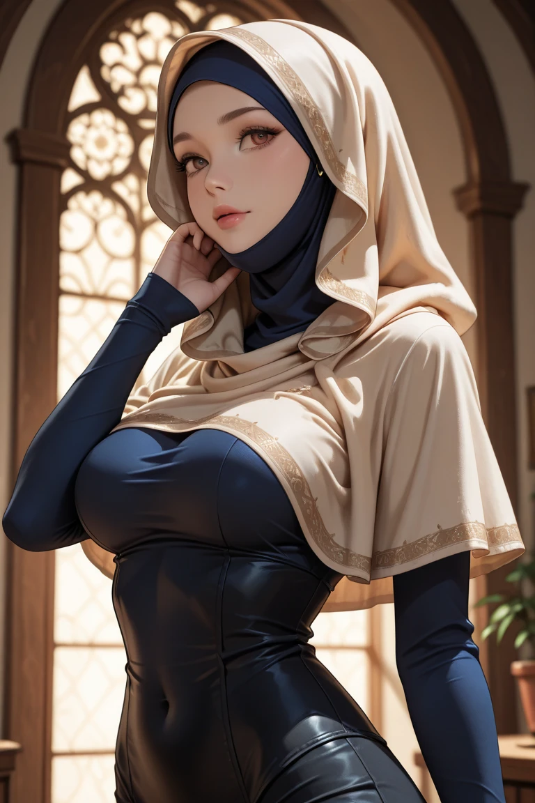 A women were hijab big sitting loke Avatar