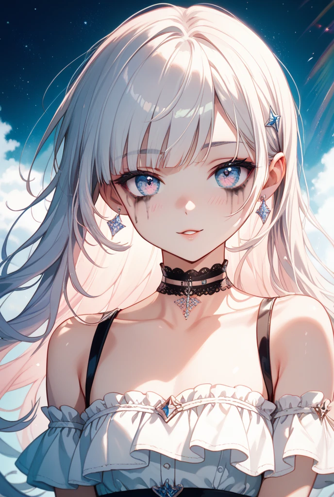 ((masutepiece,Best Quality)),(negative space:1.4),(1girl in, Solo:1.4),Beautiful detailed eyes,Floating pastel pink and lavender hair, Lavender eyes, At night, Starry sky, Shining stars, moon shining, girl crying with mouth wide open,length hair, Hair swaying in the wind, Tears fall and disappear into the sky,sitting on,Crying a lot,