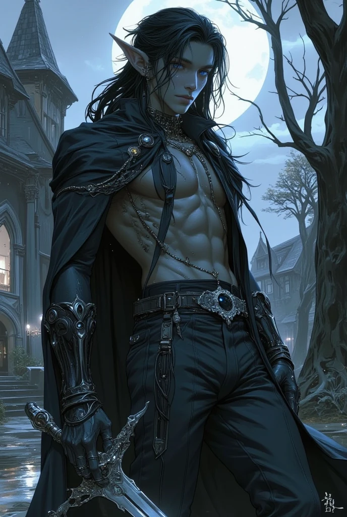 Man with a gymnast's body, spiky, black and long hair, and the completely dark attire of the Black Death.