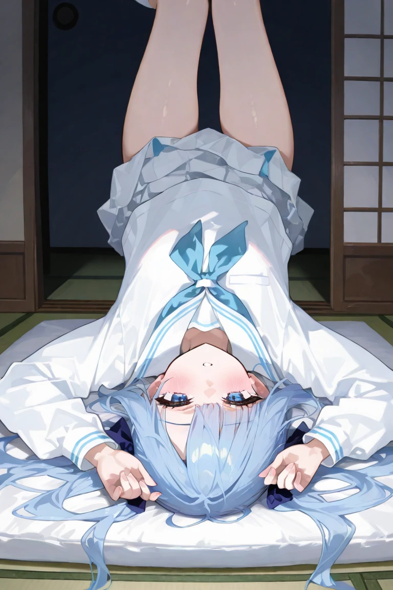 {{{{amazing quality, great quality, high quality, very aesthetic, aesthetic, best quality}}}}, 
realistic, photo, shadow, Three-dimensional, absurdres, Digital art, 
{{{{Magical girl}}}}, beautiful girl, one girl, 
light blue hair, long straight hair, hair, trimmed hair, shiny hair, blunt bangs, short sideburns, 
blue eyes, tareme, 
{{flat ?????}}, {{small ???????}}, {{detailed body}}, slim thighs, thin thighs, 
{{white mini kimono}}, {{yellow kimono obi}}, {{skull-shaped hair ornament}}, barefoot, Geta for women, 
No panties, ??????, ???????????, leg up, leg hold, leg lift, raise both ?????????? the thighs, distress, resistance, defeat, inferiority, ?????? pleasure, troubled face, shy, ??????, sensitive body, Screaming, trembling, A girl covers her ?????? with her hand, 