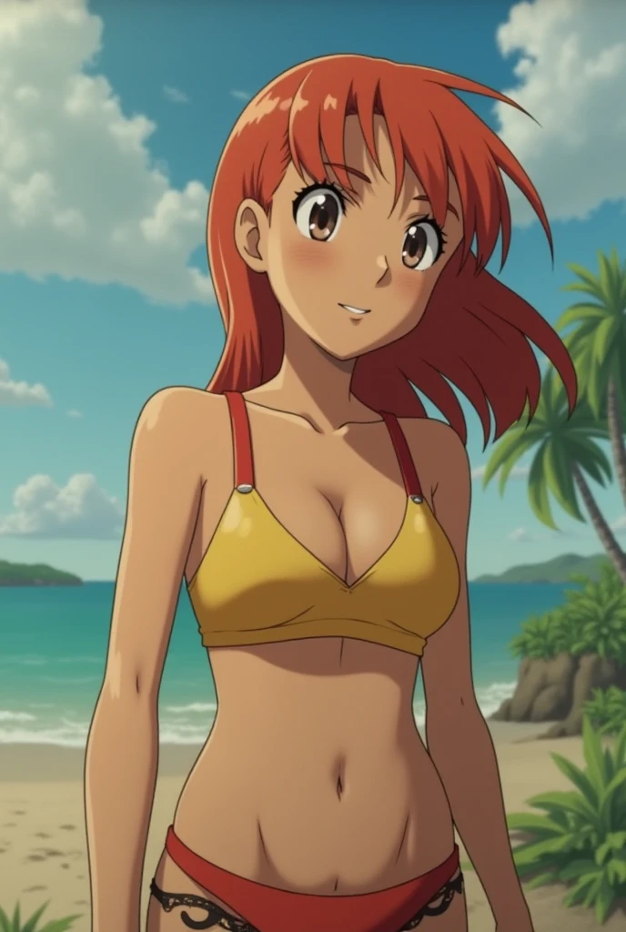 ohxw, star12, red hair, green eyes, purple bikini, full body, blushing, smile, walking up from a beach, 4k, highly detailed, lighting, outside, cartoon, 2d, sharp,