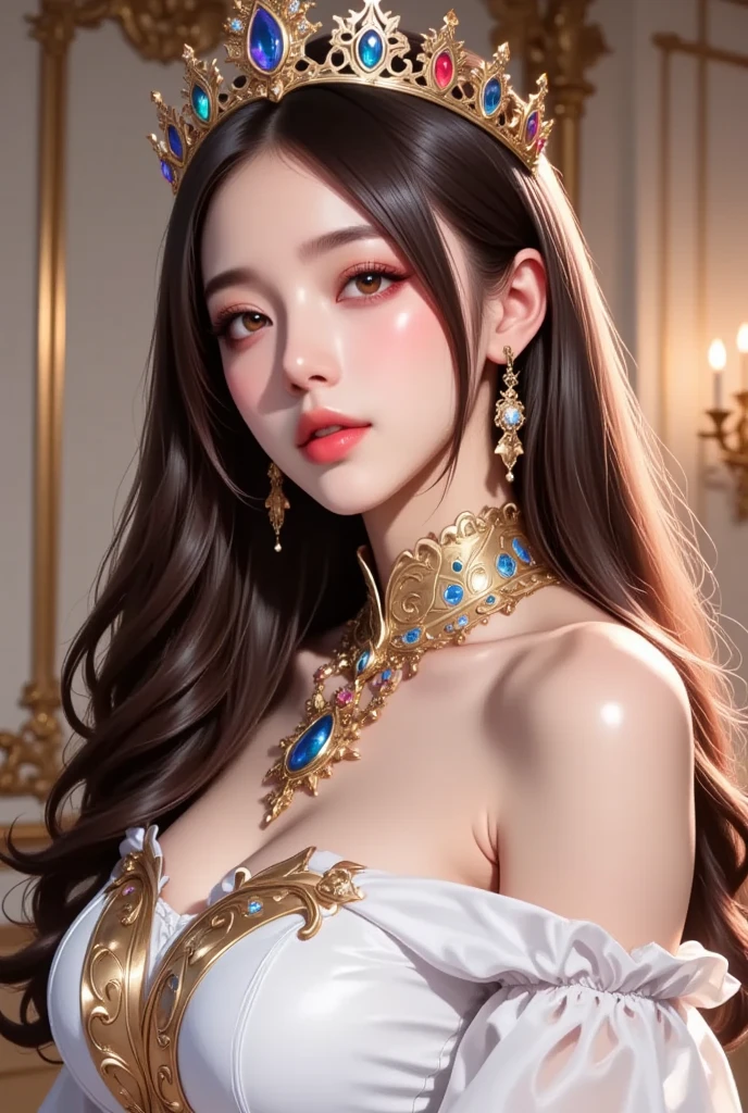1 27-year-old girl, 1 zodiac goddess from the future, goddess of the pink and purple 12 zodiacs, the goddess of the zodiac in a yellow ao dai, a 12 zodiac ao dai with many black lace detail, mythology Goddess of the 12 zodiacs from the future, zodiac ♏, luxurious glittering zodiac style, dark and mysterious version, zodiac crown, lipstick lips red, thin and beautiful lips, Smile makes viewers fall in love, characters made by karol bak and pino daeni, intricate detail, detailed background, extremely detailed, light magic, a woman, clear face, look at the face of goddess zodialook at the zodiac goddess face, hair long with bangs, beautiful face in detail and well-proportioned eyes, (transparent yellow eyes: 1.8), big round eyes and very beautiful and detailed makeup, foresight, silk dress, mysterious makeup , double bangs and dyed light blonde, uper body, zodiac goddess uper body, arms hanging loosely, Realistic and vivid photo, (stars make up the zodiac: 1.7), (sky background zodiac and fictitious space and time portal: 1.8), fiction art, RAW photo, hanfu picture, best photo, best photo quality, 8k quality, 8k ultra, super realistic, real photo most economical, artistic portrait of goddess zodiac,