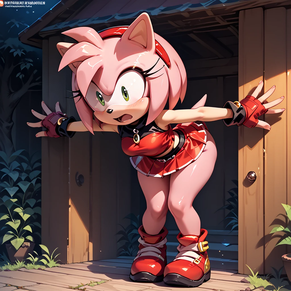 NSFW, Hedgehog Race Amy Rose sonic Pink Skin in short skirt looking back pinning ass with open shirt in ultra realistic forest