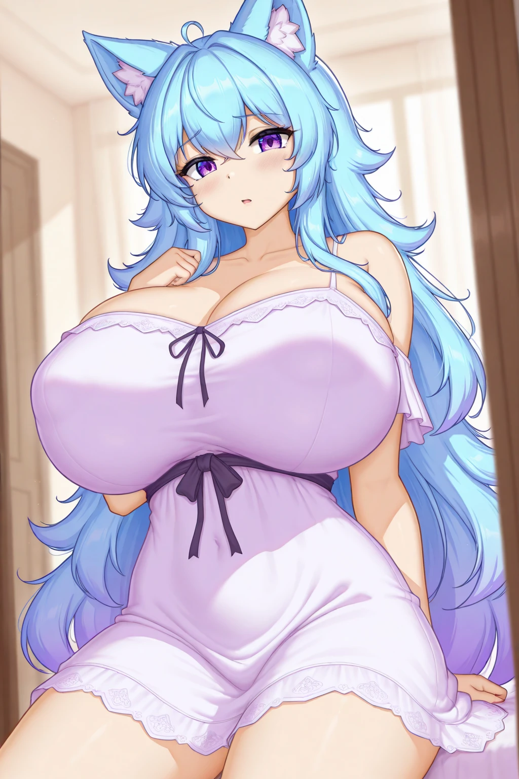 blue hair、long hair down to the waist、Purple headband、golden eyes、beautiful woman with big breasts、In underwear、white color、shy face