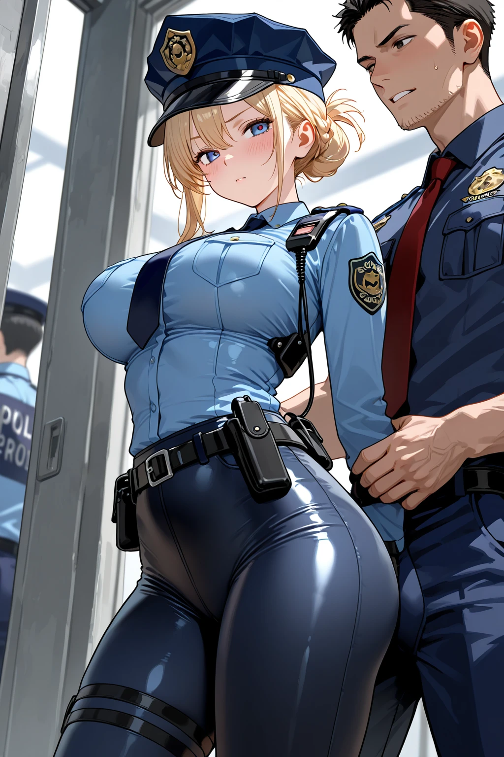 NSFW,(((1girl,1boy,fellatio))),Kneeling,masterpiece, highest quality, High resolution, One Girl, Hamriz, Folded ponytail, Brown eyes, Mid-chest, uniform, Blue jacket, Blue pants, Are standing, Cowboy Shot, Outdoor, View your audience,He has a rifle., Has an assault rifle, Gunfight:1.5, masterpiece, Detailed Shadows, Detailed light, Very detailed, ((Dirty and very torn uniform)), (Torn uniform:1.5), battlefield, Remains, Destroyed city,