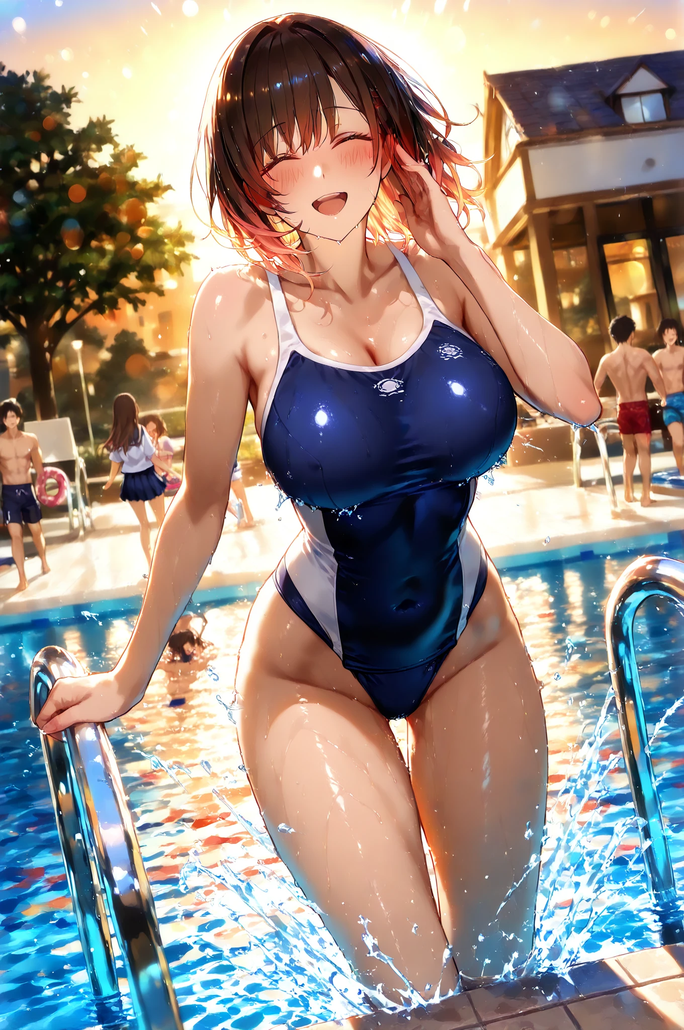 ((Highest quality、、masterpiece:1.3)), Upper Body、Long legs、Sharp focus:1.2, Beautiful woman with perfect figure:1.4、((Big Breasts:1.2)), (Smiling:1.2), Face and skin texture crafted to the smallest detail、Fine-grained、double eyelid、30-year-old female、sexly、((((Micro Bikini、Poolside、The pool in question))))、Blue Eyes,(((Close your mouth、Standing posture)))、One Woman