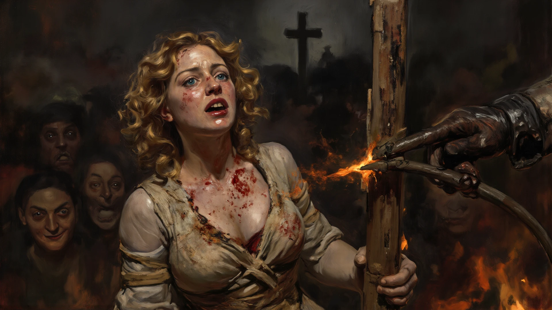 astrea,blonde hair,blunt bangs,brown eyes,
hood,white dress,blood on clothes,blood on face,
solo,sitting,long sleeves,cleavage, looking at viewer,
dark cave,blood pool,from above,
(insanely detailed, masterpiece, best quality),<lora:astrea-10DSRv7:0.8>,