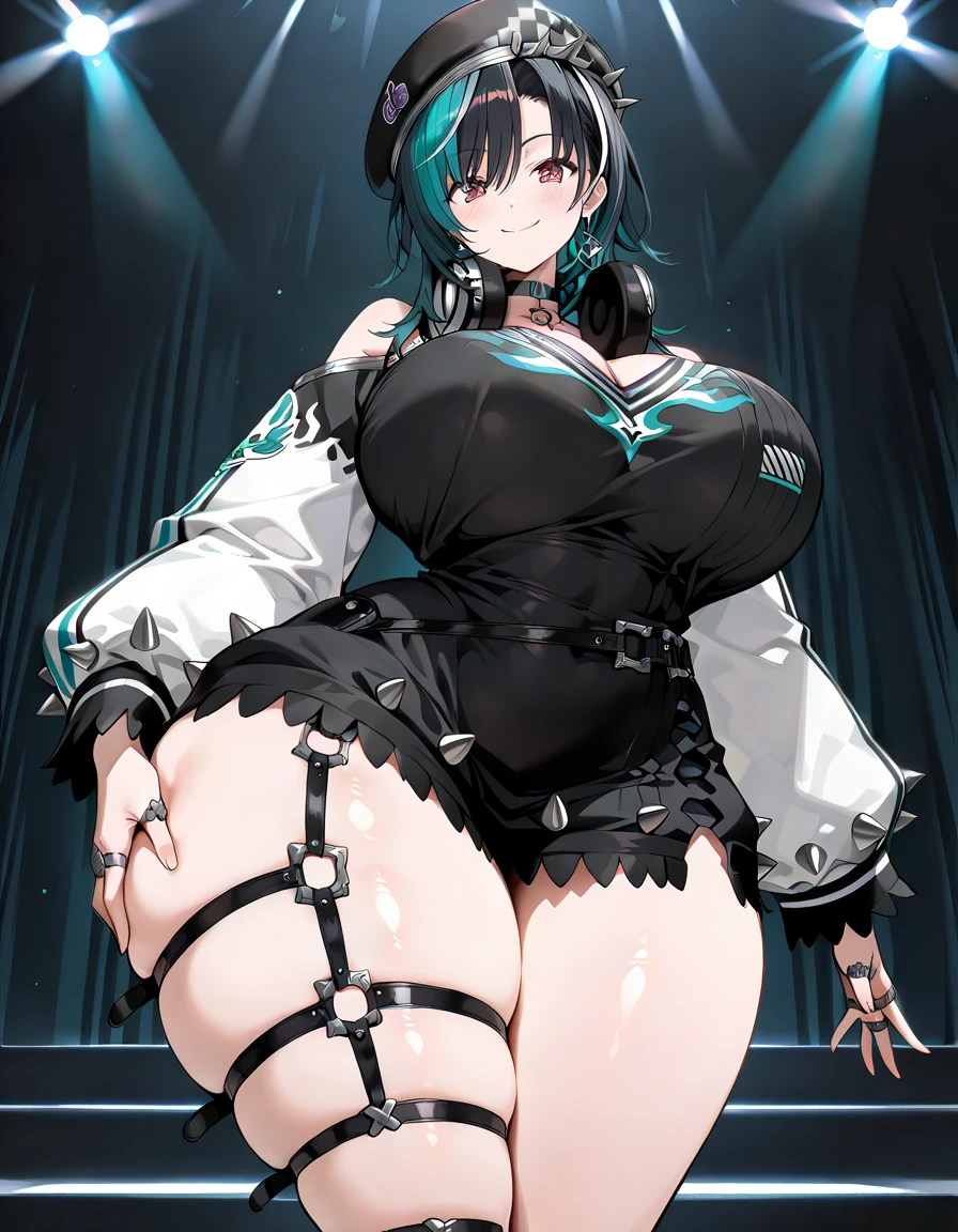 best quality, masterpiece, ultra-detailed, illustration, dynamic pose, Yoru, yorucsm, face scar, red eyes, black hair, looking at viewer, (evil smile:1.2), heavy eyeliner, (wearing a leather jacket, platform boots:1.2)  adorned with studded accessories, (layered necklaces), standing_split, bold patterns, (torn fishnets), dramatic makeup, black nail polish, oversized rings, close-up shot, thick thighs, big breasts, big ass, wide hips, hip dip, glossy lips, cinematic lighting, volumetric lighting, vibrant colors, ray tracing, intricate details in 8k or 4k resolution