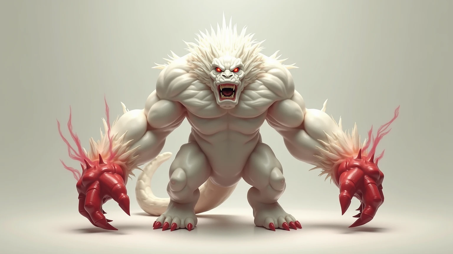 White rabbit muscular strong muscular angry wearing red shorts eating alligator meat scared