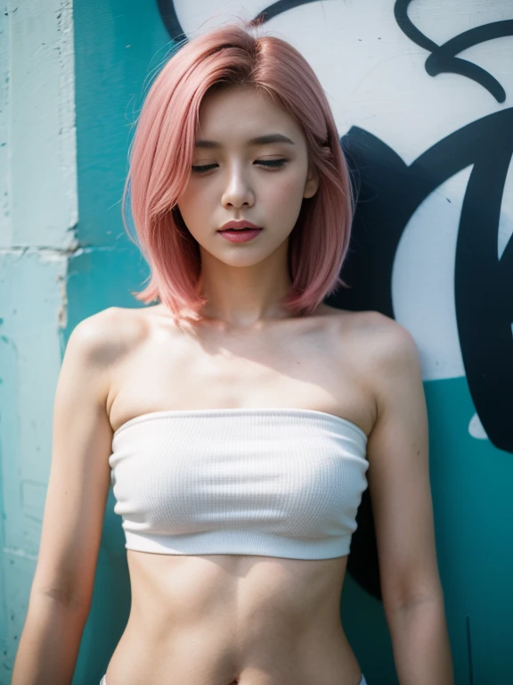arafed woman with pink hair and a choker posing for a picture, pink hair, with pink hair, light pink hair, pink body harness, pink wispy hair, flowing pink hair, dyed hair, colored hair, pastel hair, pink vibe, bright hair, pink body, pink girl, pink halter top, bubblegum hair, long pink hair, short pink hair, medium size , white low-key transparent top, nipple pressing, brown eyes, iPhone quality