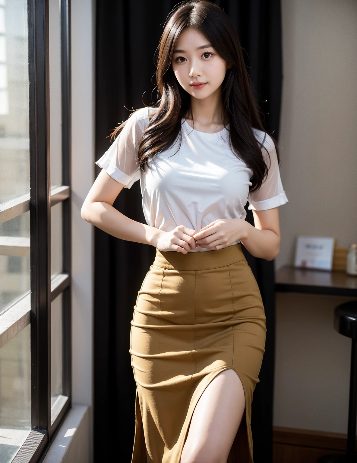 Very detailed face and skin texture., fine wheat, double eyelid，((attractive young woman))、((20 years))、 charm，Tight skirt，medium long brown hair，For office chairs，A skirt that hugs the hips.，great gift&#39;filtration， High resolution facial features，a kind smile、
