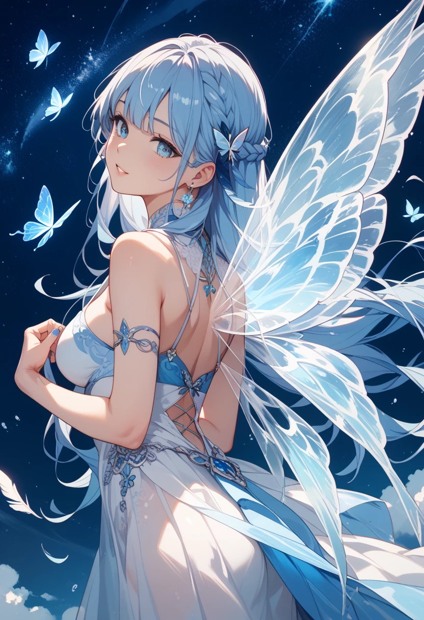 In the enchanting realm of ethereal beauty, a mesmerizing blue butterfly graces the scene with its iridescent wings shimmering in the soft, moonlit glow. The butterfly's wings are a stunning canvas of exquisite blue hues, blending seamlessly from a gentle sapphire to a captivating cerulean. Its delicate body rests atop the outstretched petals of a fully bloomed, pastel blue flower, marking a rare moment of tranquility and harmony in nature. The butterfly's wings are adorned with intricate veins, giving them a bejeweled appearance, while its tiny, dusted feet clutch onto the