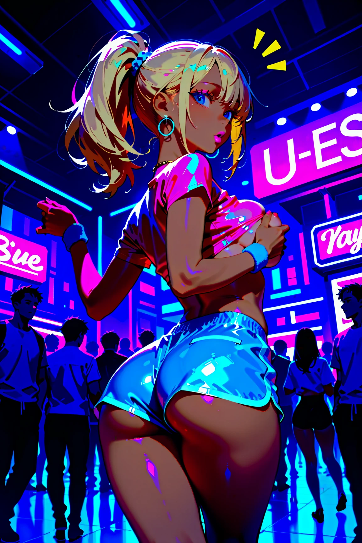 masterpiece, best quality, (3 girls), nice hips, slut, slutty bimbo clothes, medium breasts, smile, slut, young girl, bratty girl, wide hips, pink crop top, shorts, midriff, hip sway, slutty dancing, (nightclub), neon lights, many male, surrounded by men, multiple men, pussy peek, thong.