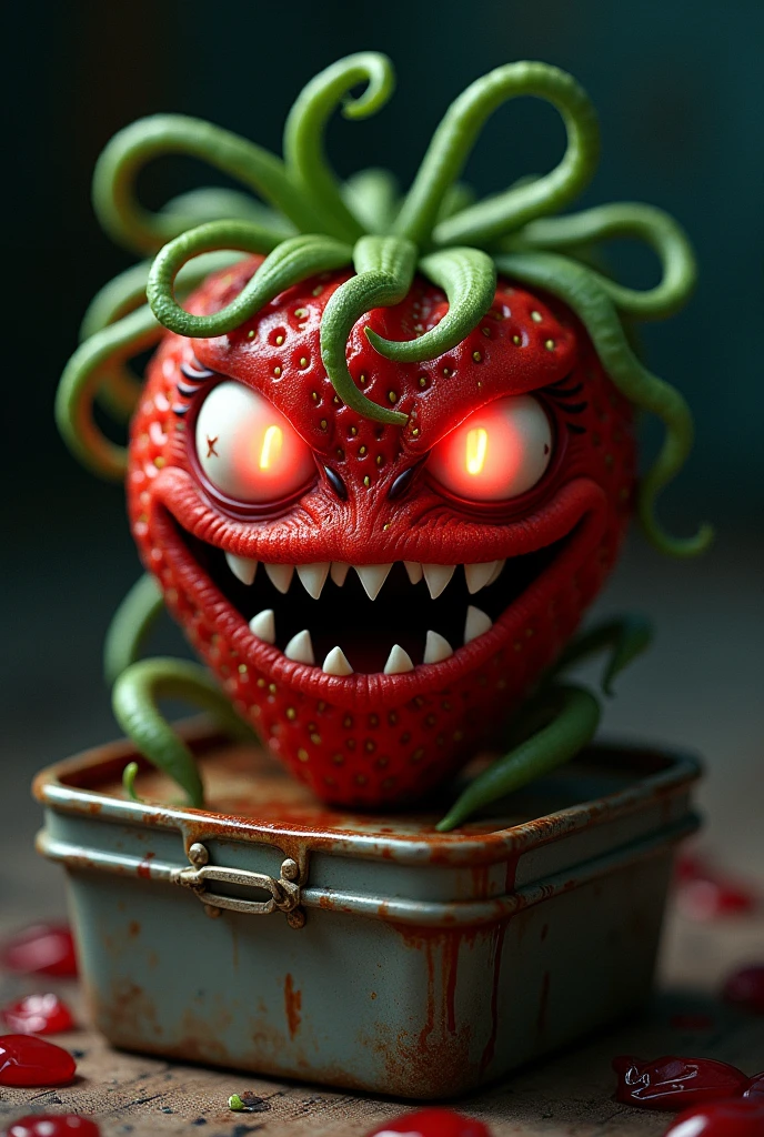 there is a red apple with a big smile on it, fruit monster, creepy evil smile, evil grin, fairy fruit. octane render, evil insane smiling laugh, wide evil grin, tomato monster, evil smile, big evil grin, 3 d cg, red realistic 3 d render, 3d cg, angry smile, scary smile, evil crazy laugh, evil villain grin