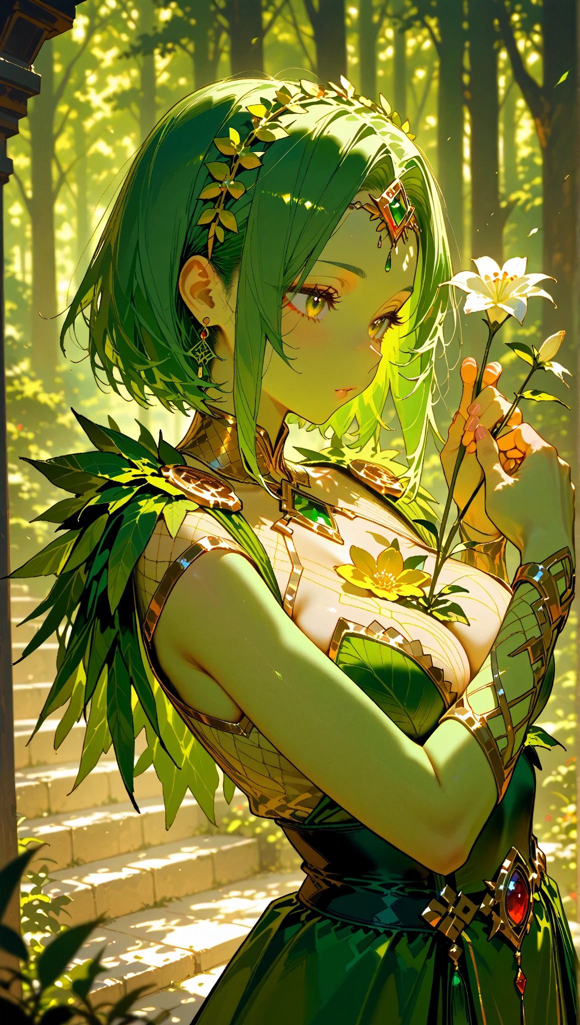 (((VRebirth, Most Beautiful, ultra-high resolution))), 1boy, calm, sitting, (short, fringed green hair), long flowing, ((earth tones skin tone)), ( emerge2 topaz eyes., ((glowing_eyes:0.8))), (((ultra detailed:facr,. eyes,fac:e:.07, burgundy lips))), ((oriented_forward)), (close up to full body), (((nature_bright_background, daffodil_entwined_hands: 1, left_hand_on_knee))), breasty upper body, enchanted expression, ((deep slightly suspended breath)), (toned calves), (((jarbethat dertermined look, hands relaxed in lap))), alluring character, emotional depth, like a hidden GladeGuardian, (((symbolh:is: mark h shown on garb:.3))), 21 years old, (left elbow on leg, firm pose), (((earnest)), (((faint smile ruiningsovereign)), (((emotionalCaptivating))), (((vibrant)), (((colorfulLochen)), (((mj usted_nurturingaired)), (((intense_halfdeterm)), ((pensive)), hearts with leaves apparition floating ar))