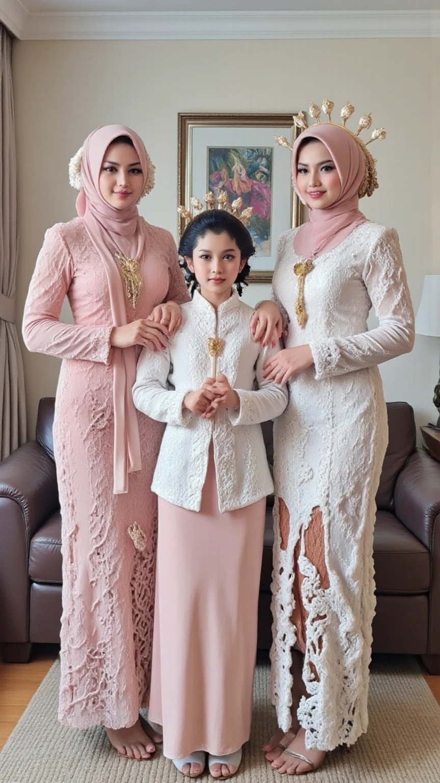Best Quality, Masterpiece, Ultra High Resolution, (Photorealistic: 1.4), Original Photo, 2girls, 25 Years Old Women and 8years Old Girl, Lady and Little Girl, Mother and Daughter, White, Film Lighting, Fashion Model, Cute, Pink, hijab mother and little mini skirt girl,
