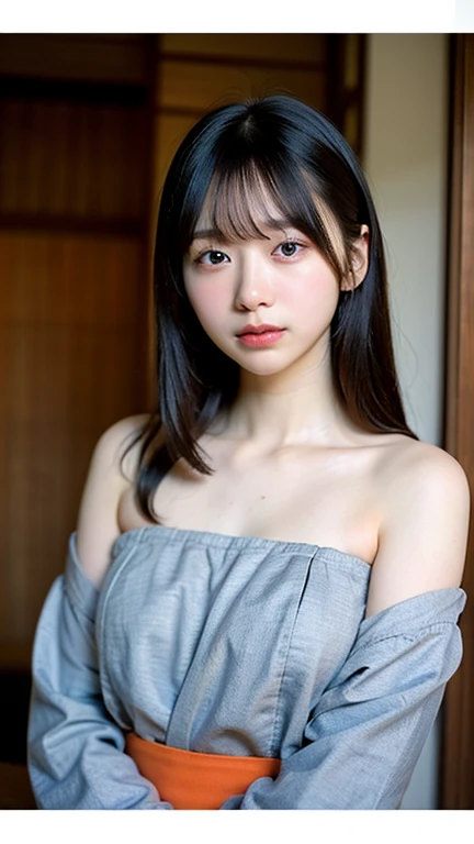masterpiece, highest quality, 8k, 20th Generation, Large Breasts, cute, alone, sad, cute, Girlish, Delicate girl, Pure beauty, RAW Photos, Professional photography, Portraiture, Soft Light, Professional Lighting, Backlight, Upper Body, avert your eyes, Sophisticated, Film Grain, (Eyes and facial details:1.0), Short floating hair, Beautiful, flowing hair, bangs, A loose fitting tunic、(Large Breasts:1.0)、You can see a little cleavage、Dolly Makeup、Odd Eye、The colour of the left and right eyes are different