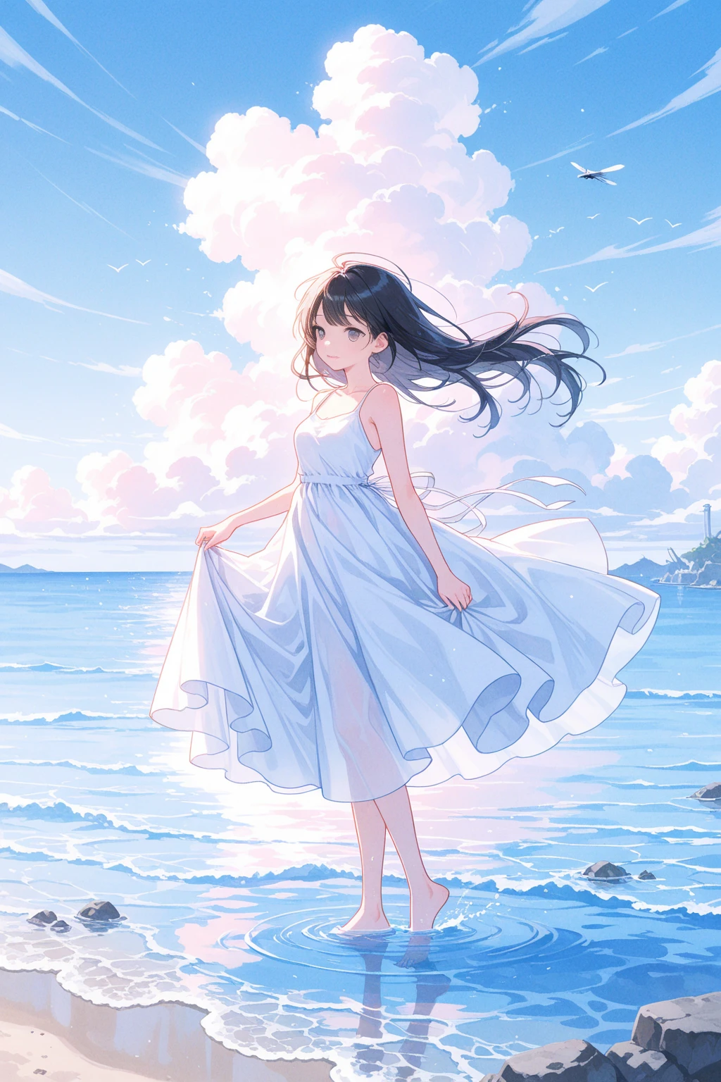 happy,(((masterpiece))),best quality,white sundress,ocean,((blue sky)),standing,from below,(beautiful detailed girl),earrings,long hair,swept bangs,blue hair, (1 girl),hand in own hair,wind,water splash
