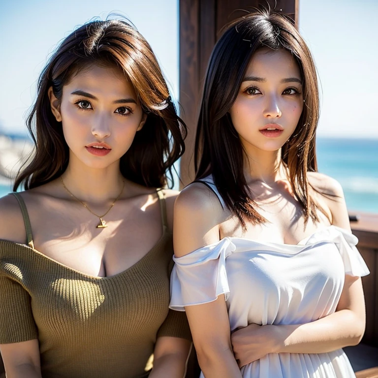 (2girl), nice smile, (Tube top:1.2), bob hair, sexy look, (Best Quality:1.4), (Ultra-detailed), (extremely detailed beautiful face), brown eyes, (highly detailed Beautiful face), (extremely detailed CG unified 8k wallpaper), Highly detailed, High-definition raw color photos, Professional Photography, Realistic portrait, Extremely high resolution, beach, Palm tree, (Fine face:1.2), sunny day