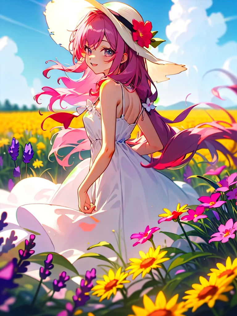 закрытые Mrлаза, will come back happy, :Mr, sundress, flower field,  sun hat , Lavender, masterpiece, best quality, long pink hair