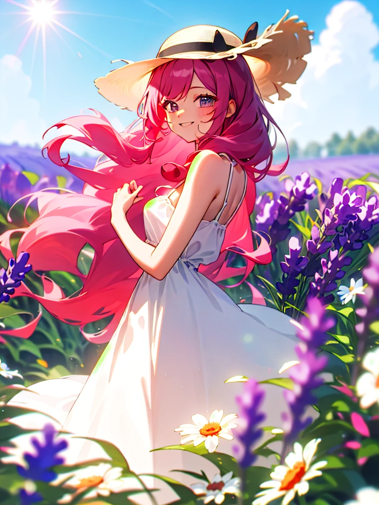 закрытые Mrлаза, will come back happy, :Mr, sundress, flower field,  sun hat , Lavender, masterpiece, best quality, long pink hair