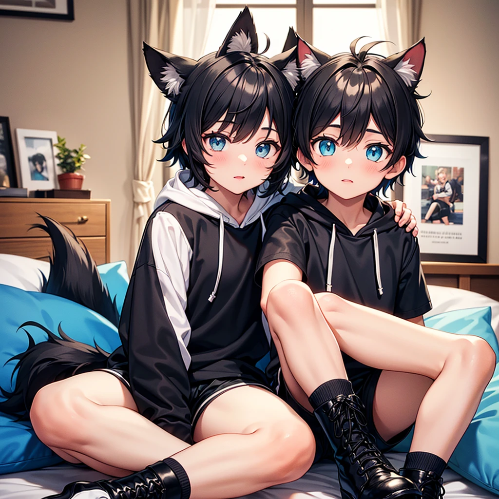 Create a girl with cat ears, dark green hair, blue eyes, light skin, 28 years old, and next to it a 30-year-old man with wolf ears, dark night blue hair, with heterochromia, one gray eye and one red eye, naked