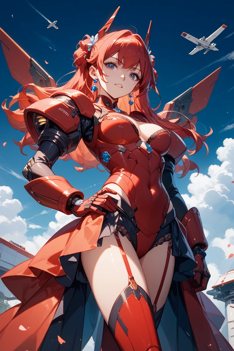 ((8K)), ((top-quality)), ((masterpiece)), ((超A high resolution)), ((T-Mastepiece)), detailed skin textures, Detailed Cloth Texture, Detailed metal texture, ((beautifull detailed face)), Raw photo, proffesional, Ultra-fine painting, ((独奏)), ((Woman dressed as a nightingale)), beutiful breast, concept-art, Anime Science Fantasy Artwork, Detailed Science Fantasy Art, (Has ruby red colored hair and large ruby red symmetrical mecha wings), (mechs:1.6)Sleek and menacing design, ((Marshal's Sotheby Armament)), Black and gold armor with ruby red color, 8k high quality detailed art, 3D rendering of character art in 8K, defined legs, Defined arm, defined fingers, NSFW