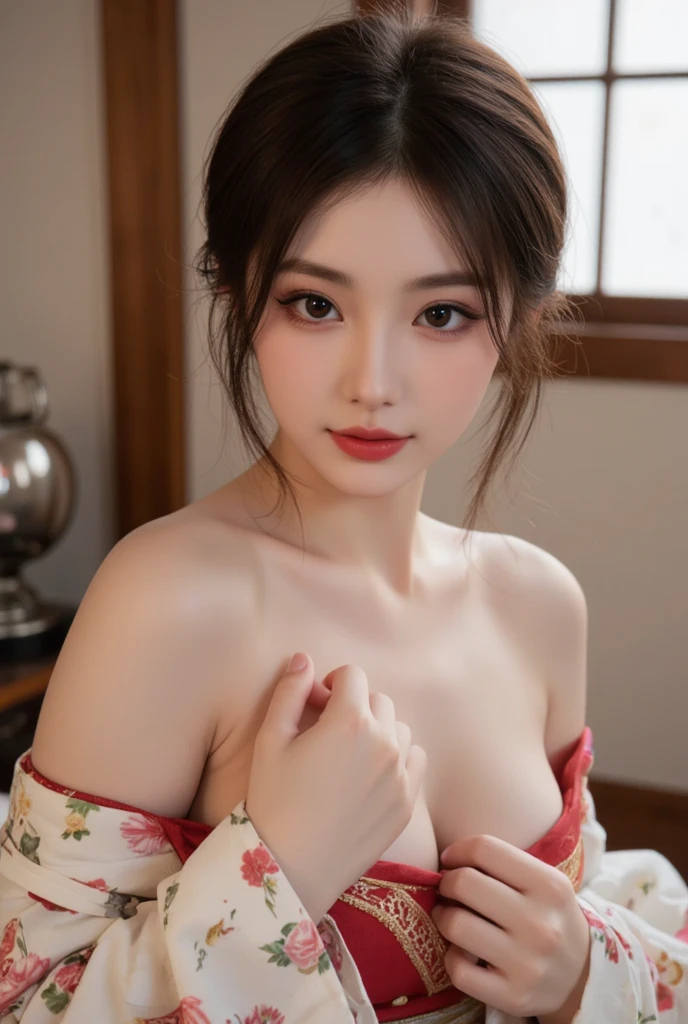 Close-up of a woman wearing a robe taking a photo,Happy smile、(((Bedroom))),(((Sexy pose:1.3))),(((clothes on hangers:1.3))),(((Wearing a simple white robe:1.3))),(((Red underwear:1.3))),(((Showing skin))),Cleavage,Cute face、Crying face,Big tears、(Silver Hair,),(Intricately braided and beaded twisted ponytail bun,Braided Setup Fishbone Hair,),(See-through bangs),),hairpin,hair ornaments,Blushing、Pointed red mouth、Perfect round face,iris,(Perfect body curves),Big Breasts.Wet Hair、Wet clothes、Wet Skin、Professional Lighting,Cinematic Light,(Tabletop,Highest quality,Ultra-high resolution output images,) ,(8K quality,),(Picture Mode Ultra HD,)