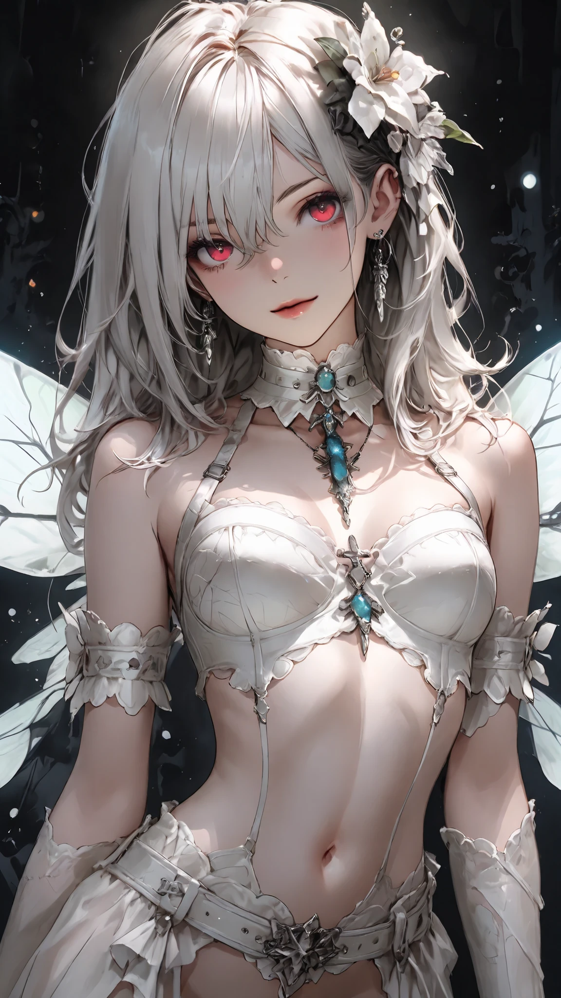 high res , masterpiece, anatomically, top quality, high res model, High Details, Anatomically anatomically, Norman Rockwell & Tim Burton style、Watercolor touch、 Edward Scissorhands、White leather outfit、skinny,Beautiful Woman、Alone, dark background 、 fantasy shot by Nikon Z7 II mirrorless camera、 horror、 darkness、Gothic、A woman is playing with a fairy,