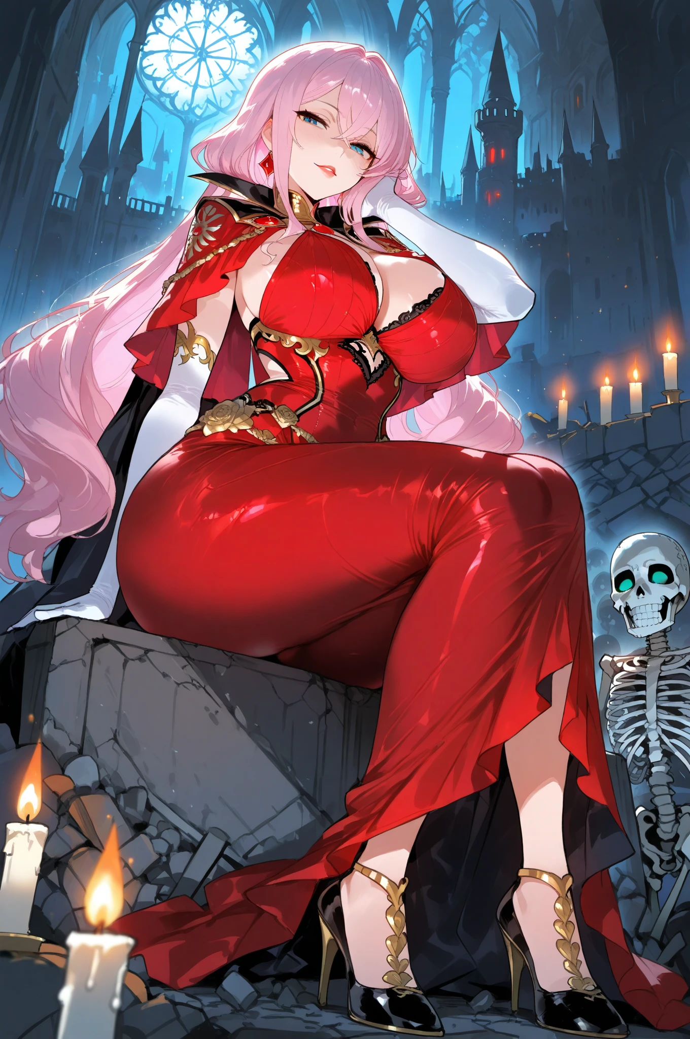 Masterpiece: 1.3, 1 girl ((25 years old, dressed in a tight red dress and gold details, huge breasts, long bright white hair, beautiful face, perfect model body, large dragon horns, bright red eyes: 1.4, happy , crazy and lustful face looking at a girl: 1.2, big flame in the background at night: 1.1, beautiful and energetic atmosphere: 1.2))