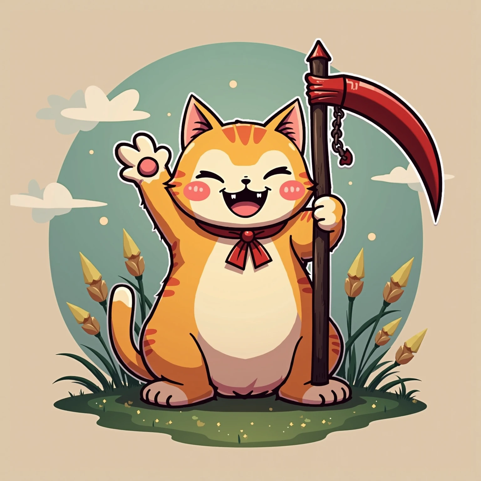 lucky cat,White in color and the typical golden coin on the head. The cat is lively./drawing
El gato tiene una acha en la mano y su cara es esclofriante
El gato tiene sangre en sus patas
Animado/drawing
