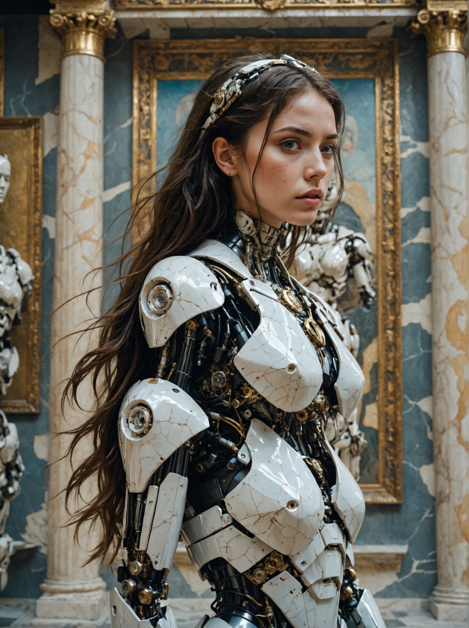 cinematic film still, close up, a robot woman stands tall, half-human half machine, amongst an ancient Greek gallery of paintings and marble, religious symbolism, quantum wavetracing, high fashion editorial, glsl shaders, semiconductors and electronic computer hardware, amazing quality, wallpaper, analog film grain, perfect face skin, concerned expression
<lora:xl_more_art-full_v1:0.5>,
<lora:add-detail-xl:1.0>,
<lora:aesthetic_anime_v1sXL:1.1>,
<lora:polyhedron_all_sdxl-000004:0.15>,
<lora:extremely_detailedXL:1.0>,
<lora:sd_xl_dpo_lora_v1:0.50>,
<lora:EnvyAwesomizeXL01:0.50>,
<lora:SDXLFaeTastic2400:0.30>,
<lora:ral-dissolve-sdxl:0.25>,
<lora:AnalogRedmondV2-Analog-AnalogRedmAF:0.50>,