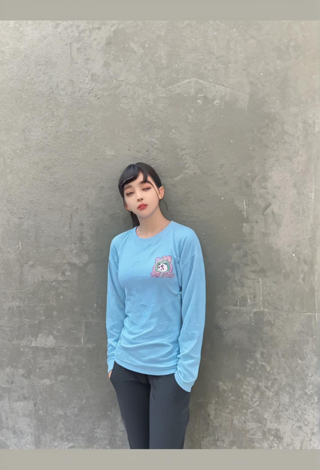 A teenage girl with blue eyes and aqua colored hair, in an oversized t-shirt Is playing games