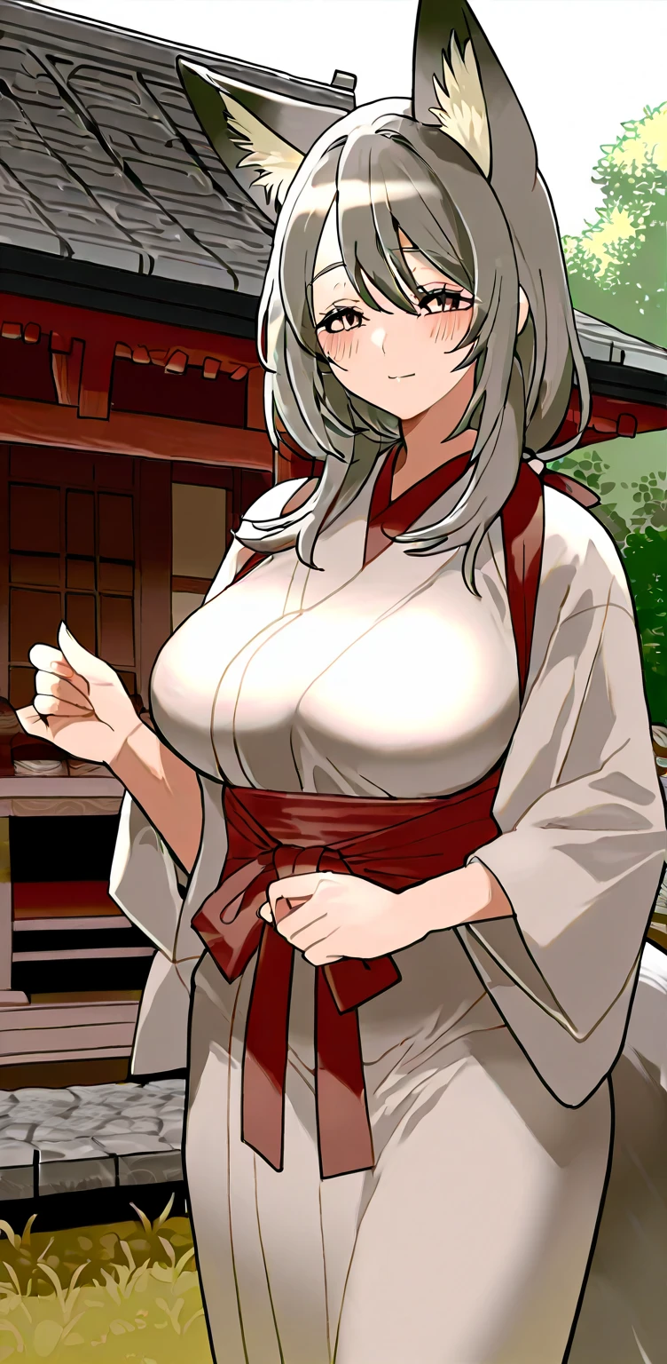 nsfw, best quality, high resolution, from front, shikkoku_yorihime, 1girl, solo, blush, embarrassed, smile, large breasts, hair ornament, very long hair, japanese clothes, proper clothes, cowboy shot, looking at viewer