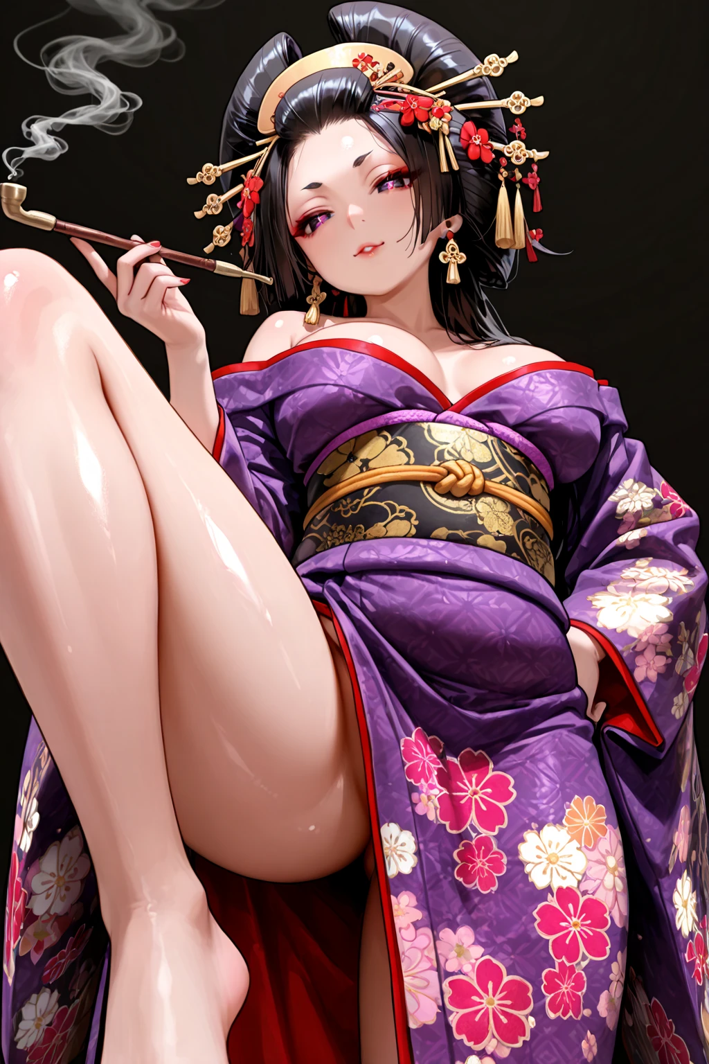 Highest quality,Highest Resolution,A crying beautiful woman in a purple kimono leotard,Black Hair,hairpin,High leg,Japanese-style room,whole body,tabi,Tears,Open your mouth and drool,Very beautiful eyes,