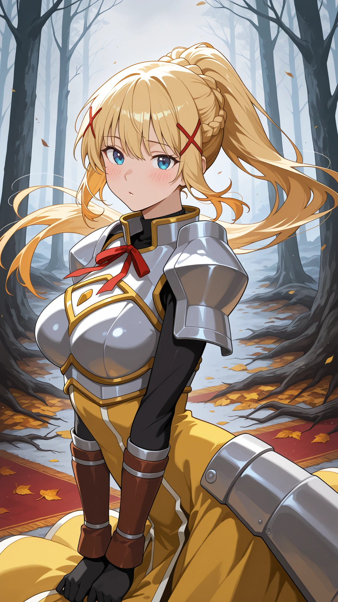 BREAK (masterpiece:1.2), best quality, high resolution, unity 8k wallpaper, (illustration:0.8), (beautiful detailed eyes:1.6),"Dark and moody autumn forest, towering trees with sparse red and golden leaves, thick carpet of fallen foliage, leaves slowly drifting down in the wind, overcast grey sky, dramatic lighting, damp forest floor, mist creeping between trunks, melancholic and cinematic atmosphere, cold ambient tones, broken branches and decay, ultra-detailed, photorealistic, wide cinematic view,aadarkness, long hair, blonde hair, braid, ponytail, x hair ornament, blue eyes, large breasts, red ribbon, shoulder armor, breastplate, armored dress, yellow dress, wrist guards, black gloves,blush, seductive expression,floating hair,floating skirt,looking at viewer,cowboy shot,arched back,sexy pose,
