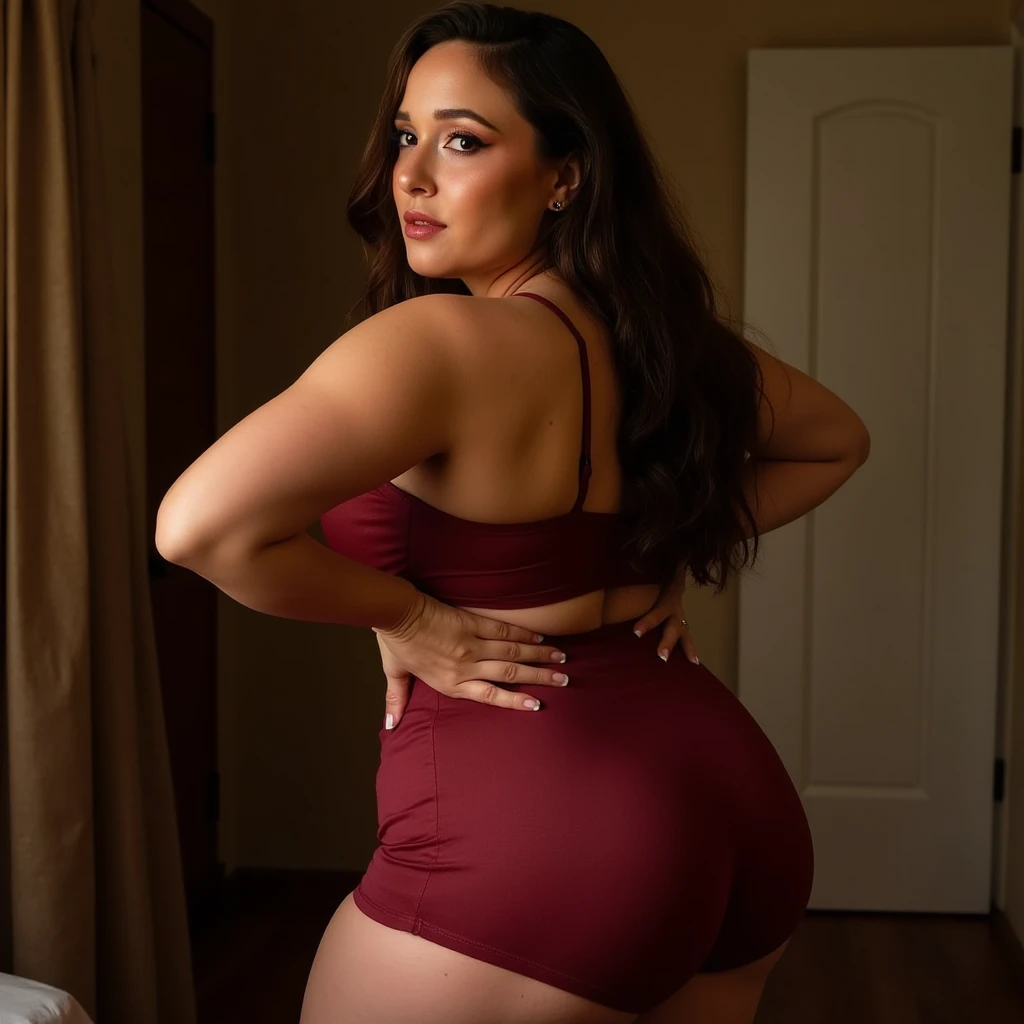 chubby submissive mature thic bbw mexican Teresa Ruiz (46 fifty-six years old) hotwife, chubby belly, with sexy red bikini , black dog collar, in bdsm red room, with husband, with mature dominant man, man with Big hard penis,smiley expression,full of people , full-body, view from behind