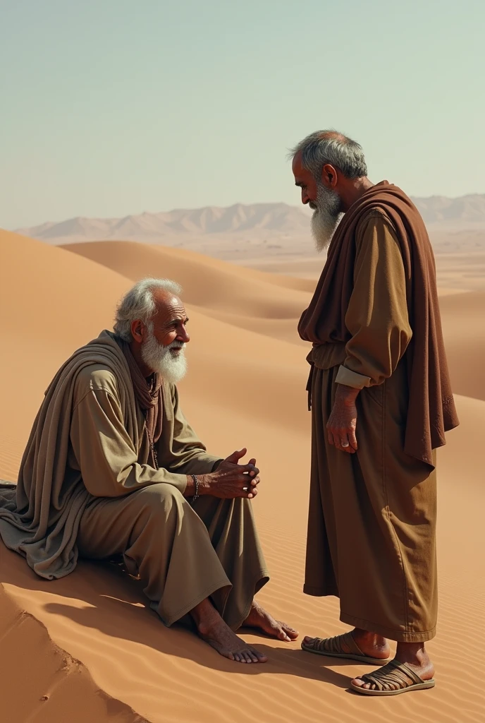 Create an image evocative of the Parable of the Traveler and the Old Man: a young traveler with simple clothes and a staff, in a desert setting, encounters a wise old man with a long beard and traditional robes, sitting under a shady tree. The setting should reflect an atmosphere of wisdom and serenity, with a gentle sunset in the background and details such as a sandy path, ancient stones and a vast horizon, which symbolize the journey and the search for knowledge. 