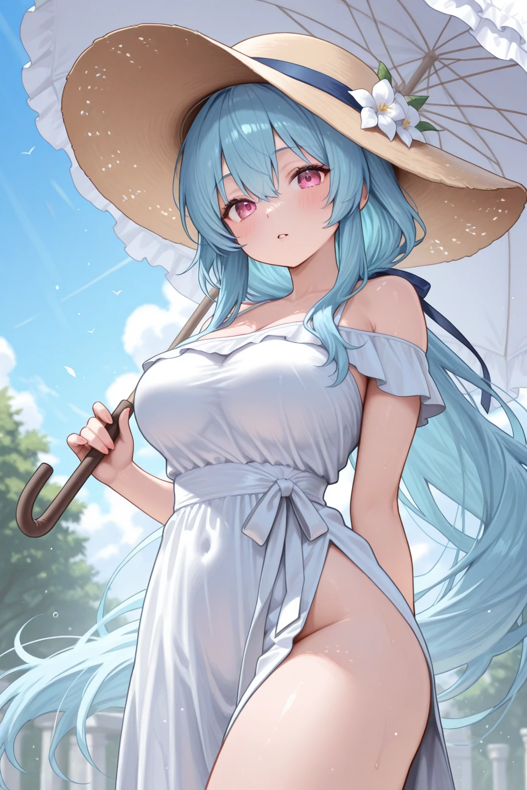 Ranni the witch (blue hair) lifting up her skirt (sheer white gown) and pinching her nipples (small breast) while resting at a site of grace (dark forest background) full face blushing while sweating a lot looking at viewer with horny smile