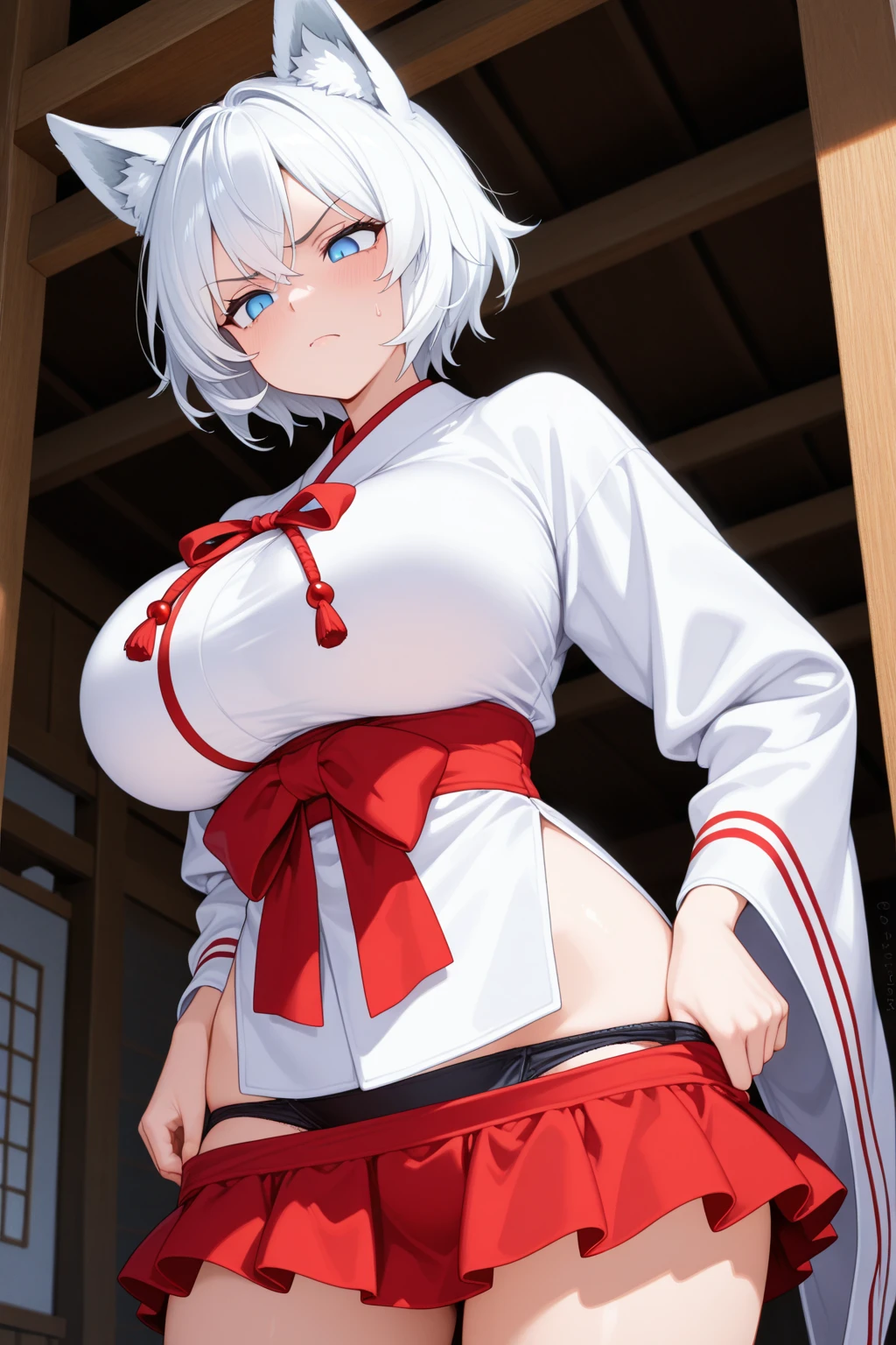​masterpiece,hight resolution、1 girl in、18year old、（very detailed face and eyes:1)、(kawaii:1.4)、Light Effects、(Colossal tits)、小柄、(white  hair)(Short-cut snow white hair)、Red Eyes、In a dark room、Anime filling、Red futon、a bed、Top image quality、detail portrayal、(Enraptured look)、red blush、perspiring、Water dripping from hair、Red yukata、Black lace panties、Being rubbed on the chest by others、