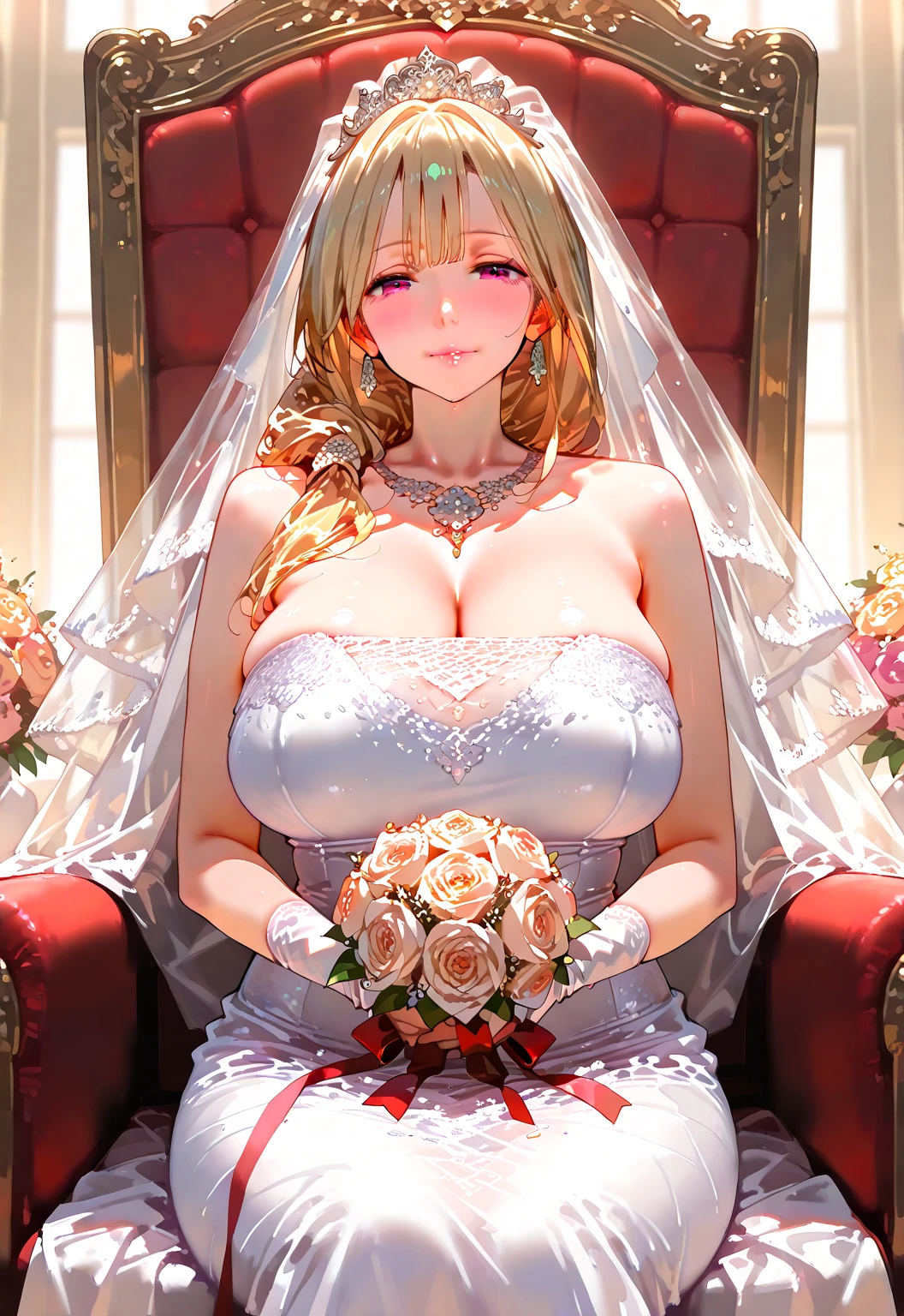 Girl with huge breasts wearing a micro bikini and a wedding dress with a veil and bouquet in the church