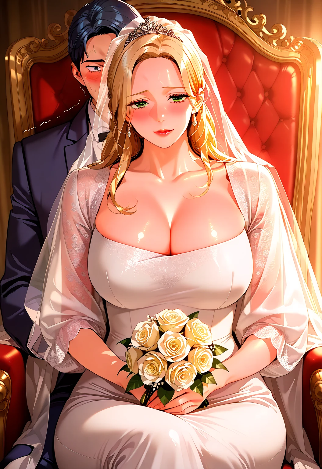((Highest quality)), ((masterpiece)), (detailed), (Perfect Face)、The woman is a Vietnamese girl named Tsukino Usagi, wearing a gorgeous, glittering ao dai, a traditional Vietnamese dress with gold embroidery, a gorgeous hair ornament, gorgeous jeweled accessories and an engagement ring. The woman and the man are sitting on a gorgeous, large sofa in a luxurious room, and the woman is being embraced by a dignified, middle-aged Vietnamese man wearing Vietnamese national dress, who is touching her breasts and crotch and kissing her.、The woman is the elegant Tsukino Usagi, a Vietnamese girl with long blonde hair in a chignon twin tail and wearing an ao dai.、The man is a dignified and sturdy middle-aged Vietnamese man wearing Vietnamese national costume.