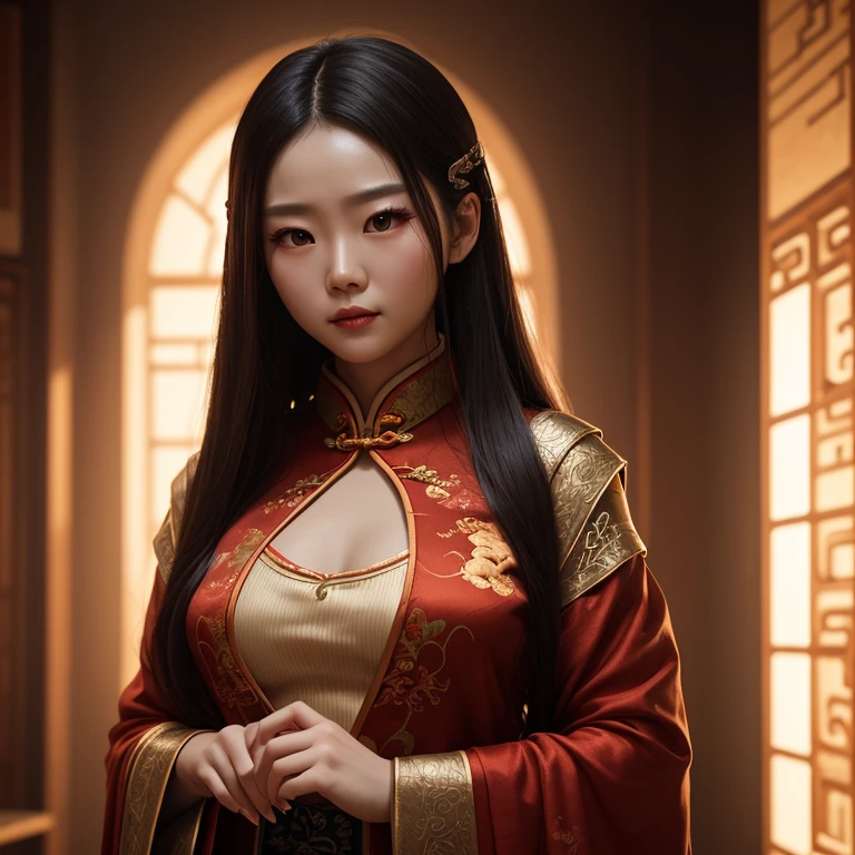 During the Age of the Three Kingdoms, The exquisite and charming single female figure named Feiyufu is depicted in this high resolution., Octane rating image. Set against the backdrop of a stunning and cinematic ancient Chinese environment., her attractiveness is further emphasized. Feiyufu's face, boasts excellent detail and high resolution, shows off cute and gentle facial features, which are sure to attract the viewer's eye. Her charming smile makes this scene seductive..
The intricate textures and intricate patterns of Feiyufu clothing stand out vividly against the background, filled with elements, reminiscent of ancient Chinese culture.. This Ultra HD image highlights
