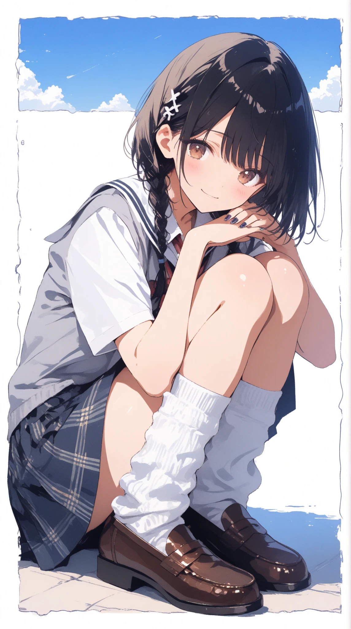 (Best quality, 8k, 32k, Masterpiece, UHD,:1.2),RAW, 1girl,ultra cute , natural lighting,transparent shining eyes, 20yo ,fair complexion, ((school uniform)), sitting on stairs, Closeup shot, wedgie, bending knees, show off panties, From front and Below, shy smiling, medium hair, hair ornament