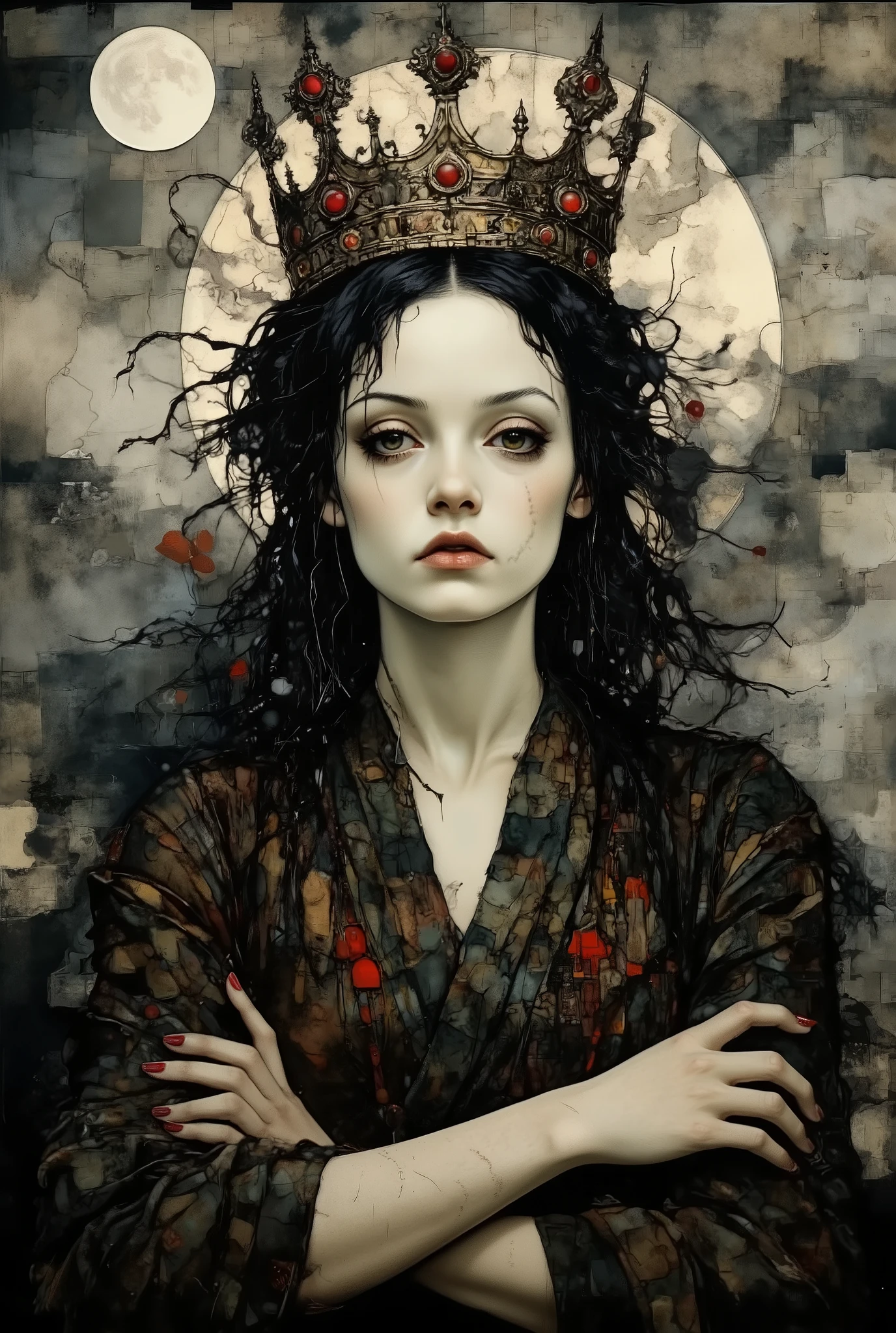 A digital work of art in a dark surreal style depicting a stunningly beautiful young woman with pale skin and long, wet, dark hair that flutters like a wild mane. Her hair is decorated with an antique Gothic-style crown decorated with large dark rubies that sparkle spectacularly in the dark, giving her an almost ethereal appearance. The girl's beautiful face and hair blend seamlessly into the hazy, smoky background, made in shades of gray and black, creating a mysterious, otherworldly atmosphere. The woman's expression is gloomy and thoughtful, her eyes are slightly closed, her lips are tightly compressed, as if she is in thought or deep determination. Her makeup is subtle but effective: dark eyeliner and a faint, almost ghostly glow around her face, enhancing the eerie, mystical atmosphere. Her beautiful arms with long blood-red nails are crossed over her chest.She is wearing a dark, intricate robe that seems to be made of torn, wet fabric that sticks to her skin and enhances the overall feeling of decay and desolation. A large full moon is depicted in the background, partially hidden by smoke, which casts an eerie diffused light on the scene. The texture of the image is very detailed, wet, slippery hair contrasts with the coarse, decaying fabric of her clothes. This combination of elements creates a visually appealing and emotionally evocative product.